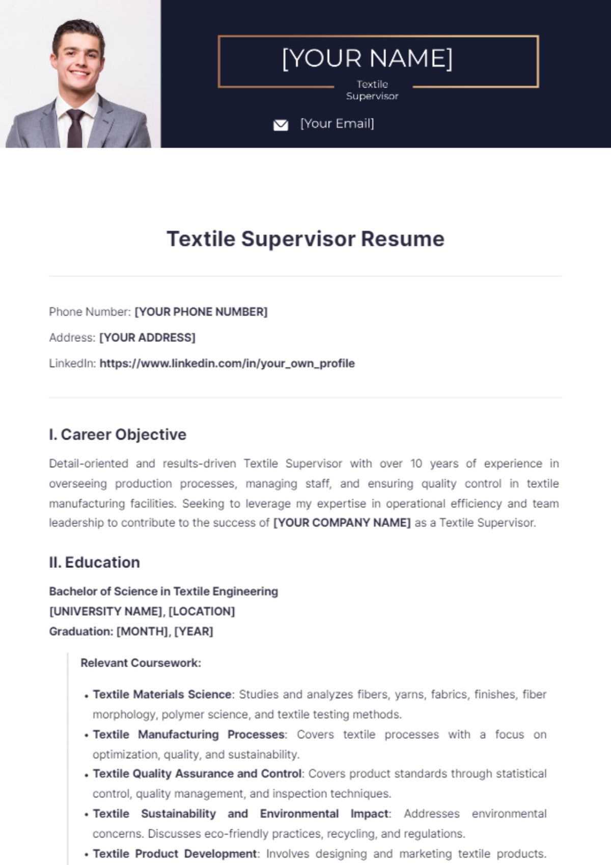 Textile Supervisor Resume - Edit Online & Download