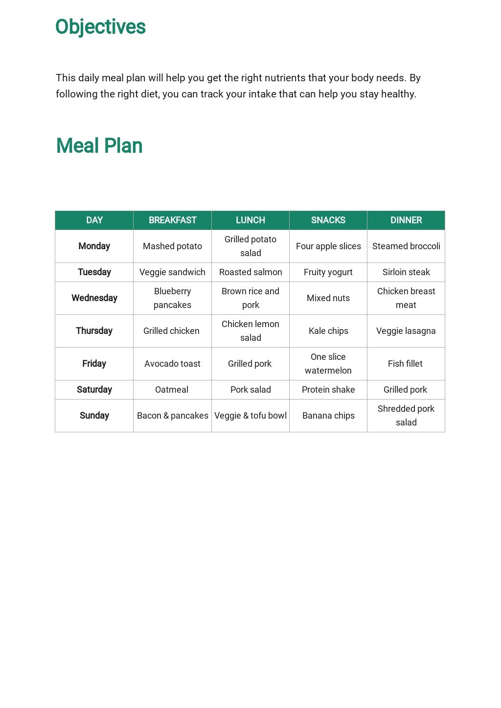 Editable Meal Plan Template in Google Docs, Word, Apple Pages, PDF