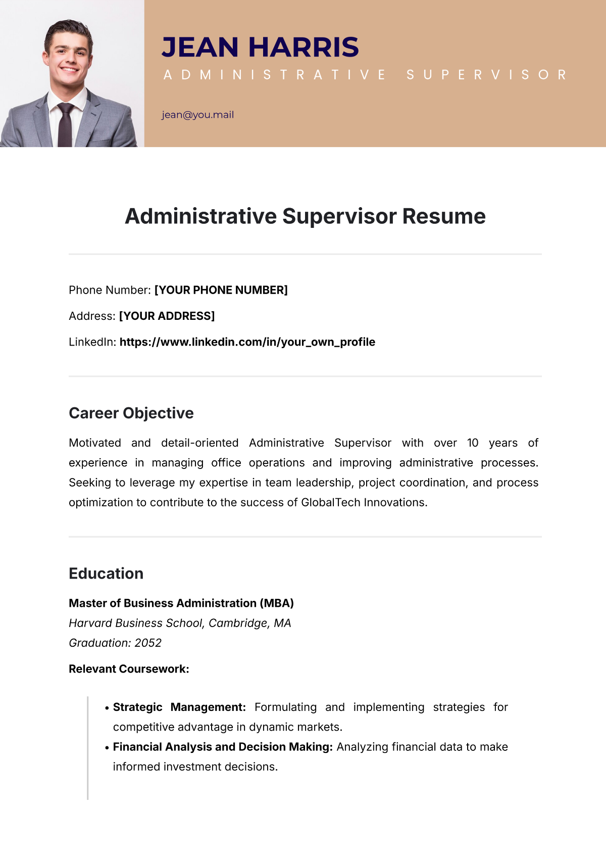 Free Administrative Supervisor Resume Template