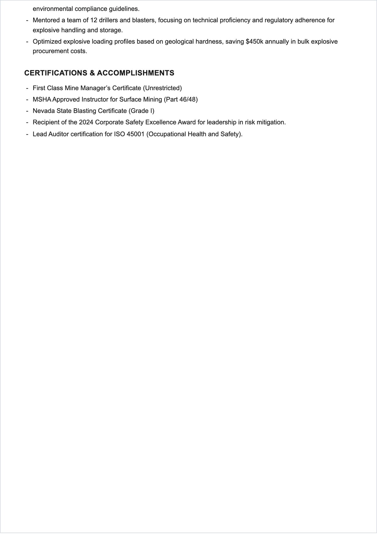 Free Mining Supervisor ATS Resume Template, AI Resume Builder