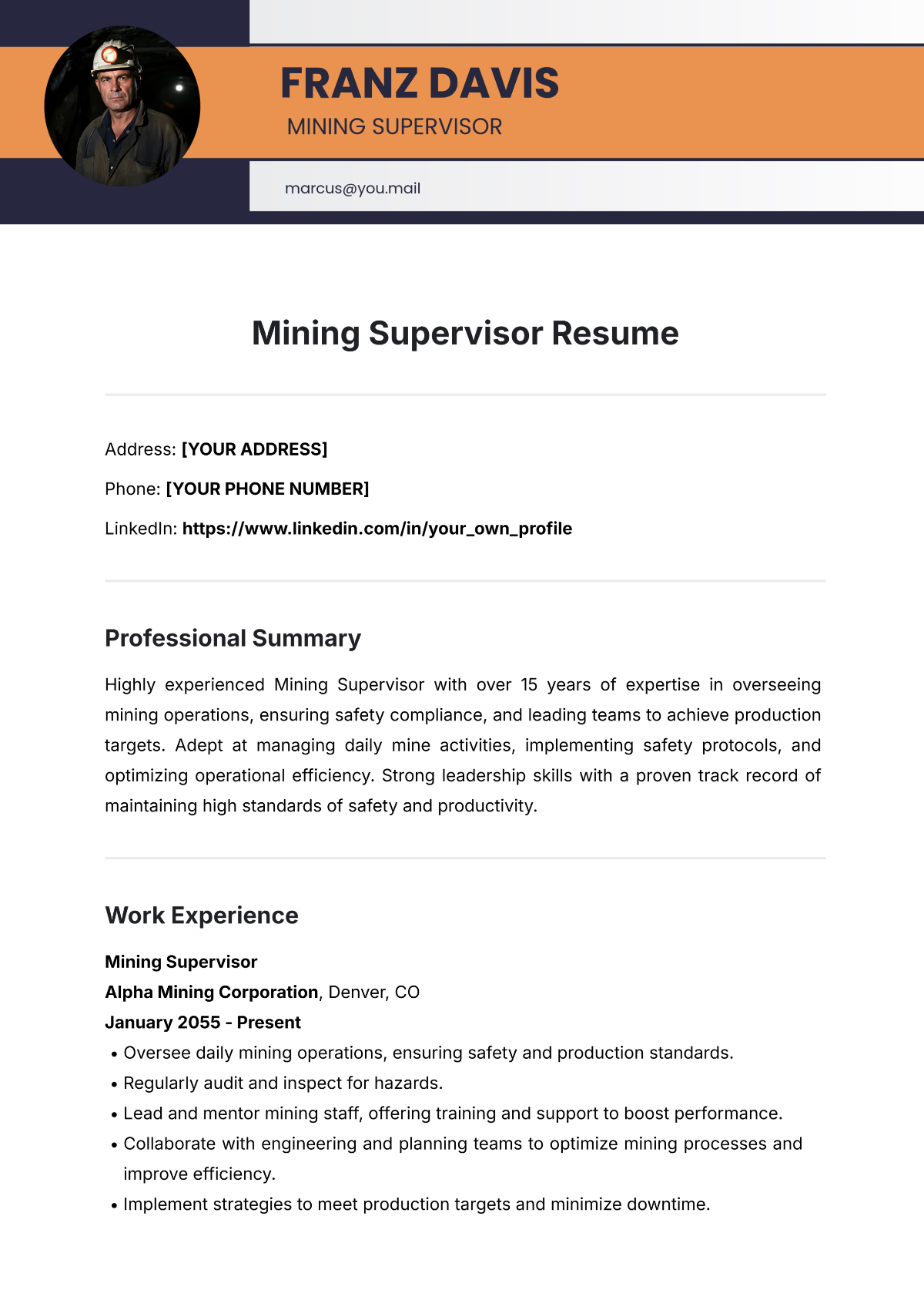 Free Mining Supervisor Resume Template