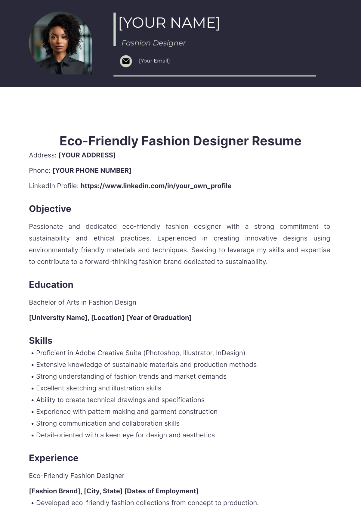 Eco-Friendly Fashion Designer Resume - Edit Online & Download