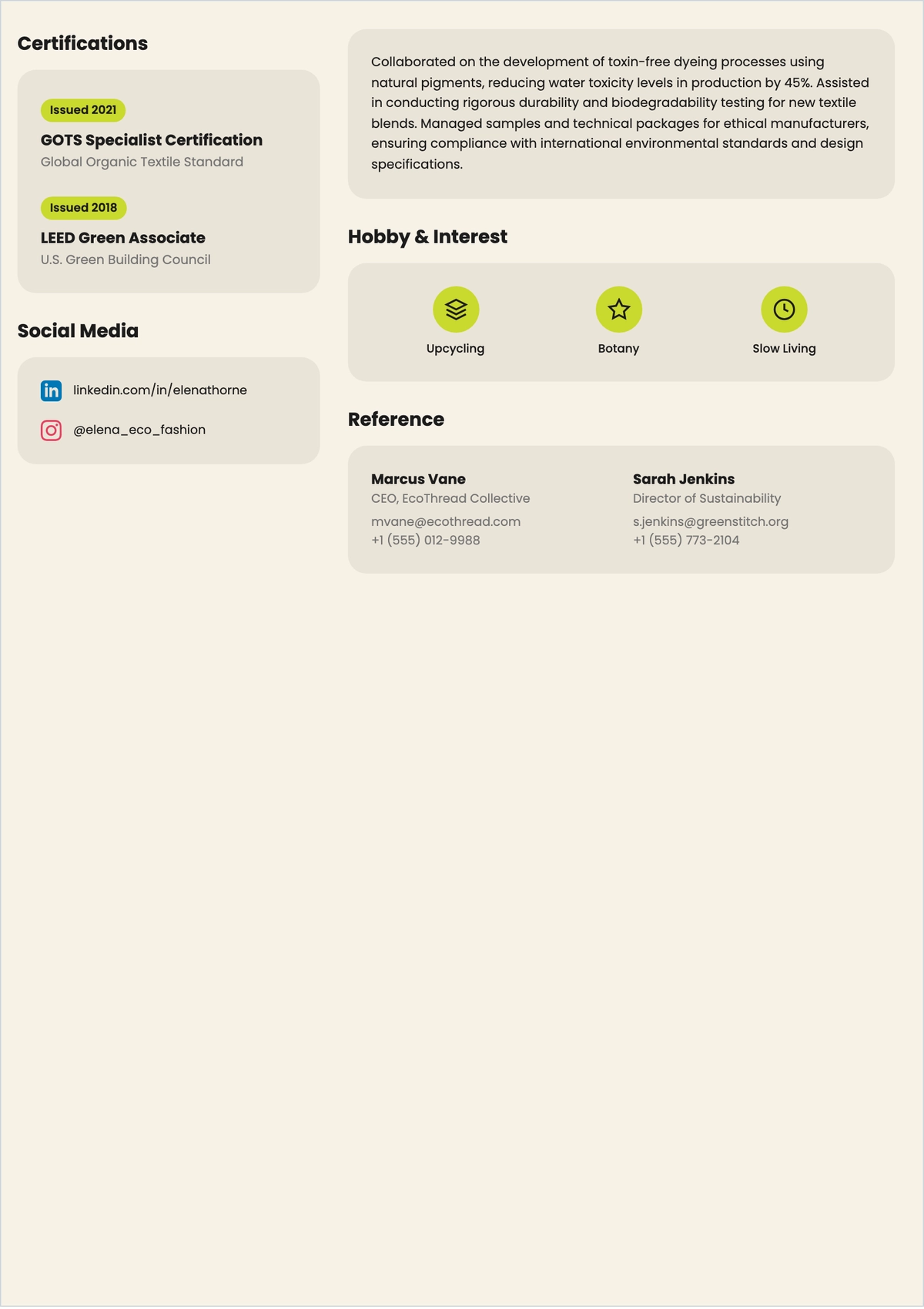 Free Eco-Friendly Fashion Designer ATS Resume Template
