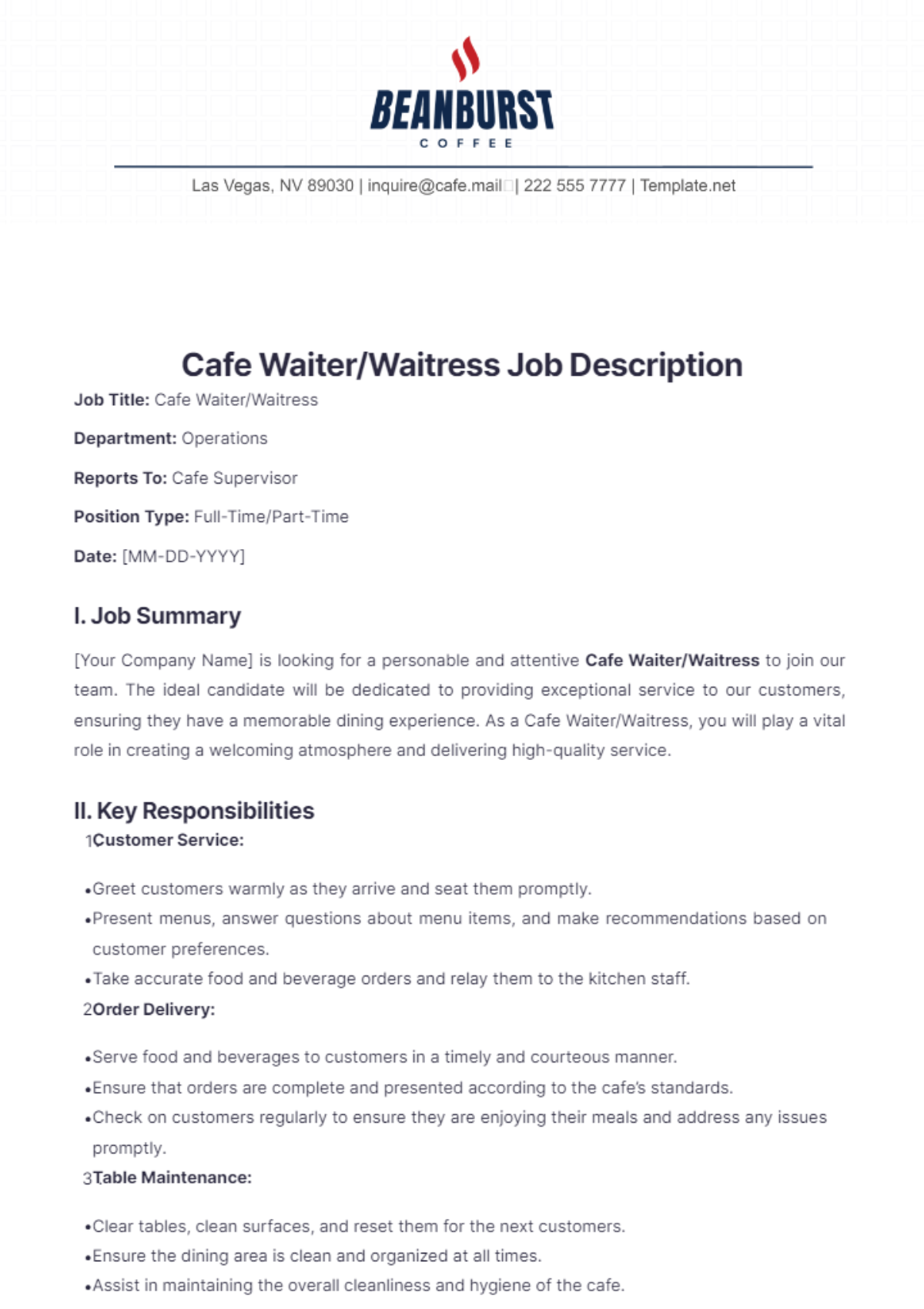 Cafe Waiter/Waitress Job Description Template - Edit Online & Download