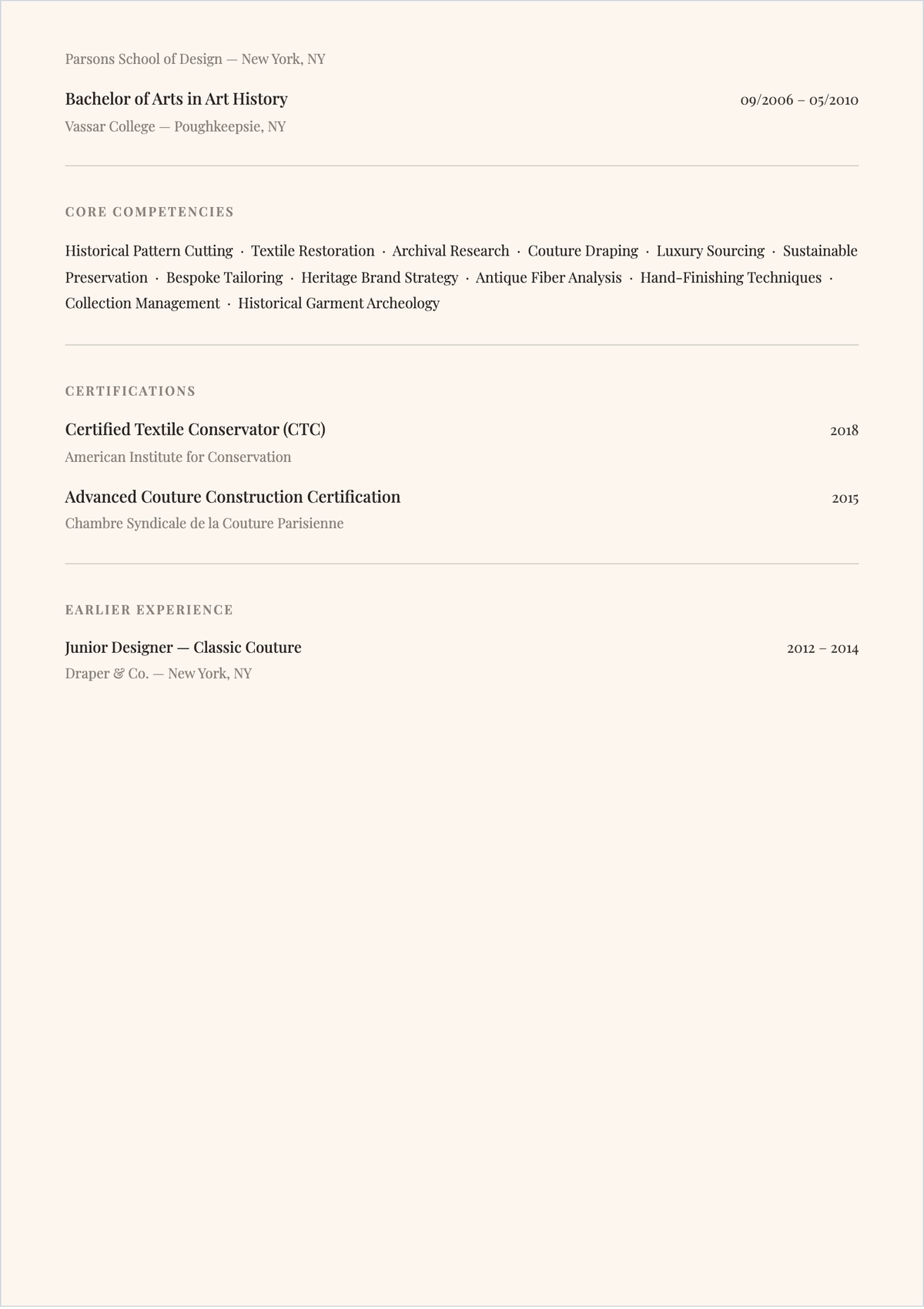 Free Vintage Fashion Designer ATS Resume Template, AI Resume Builder