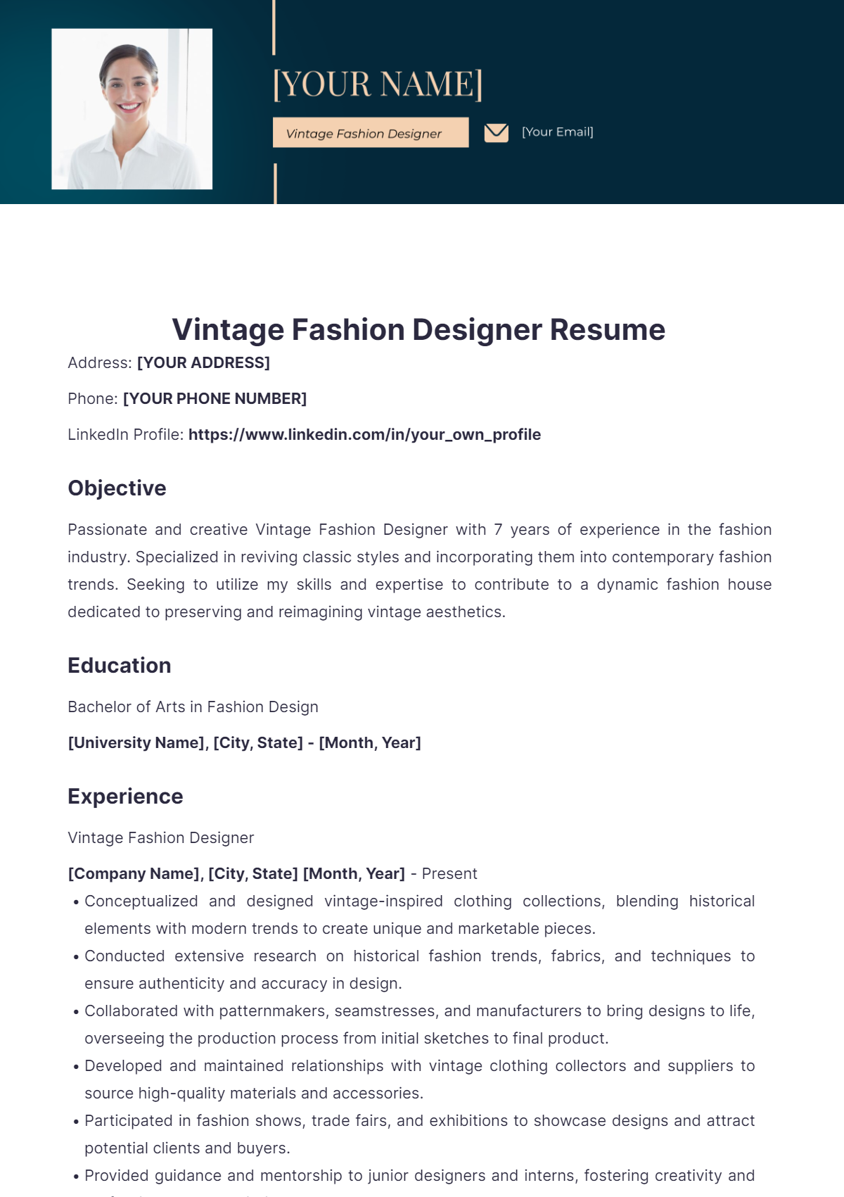 Vintage Fashion Designer Resume - Edit Online & Download