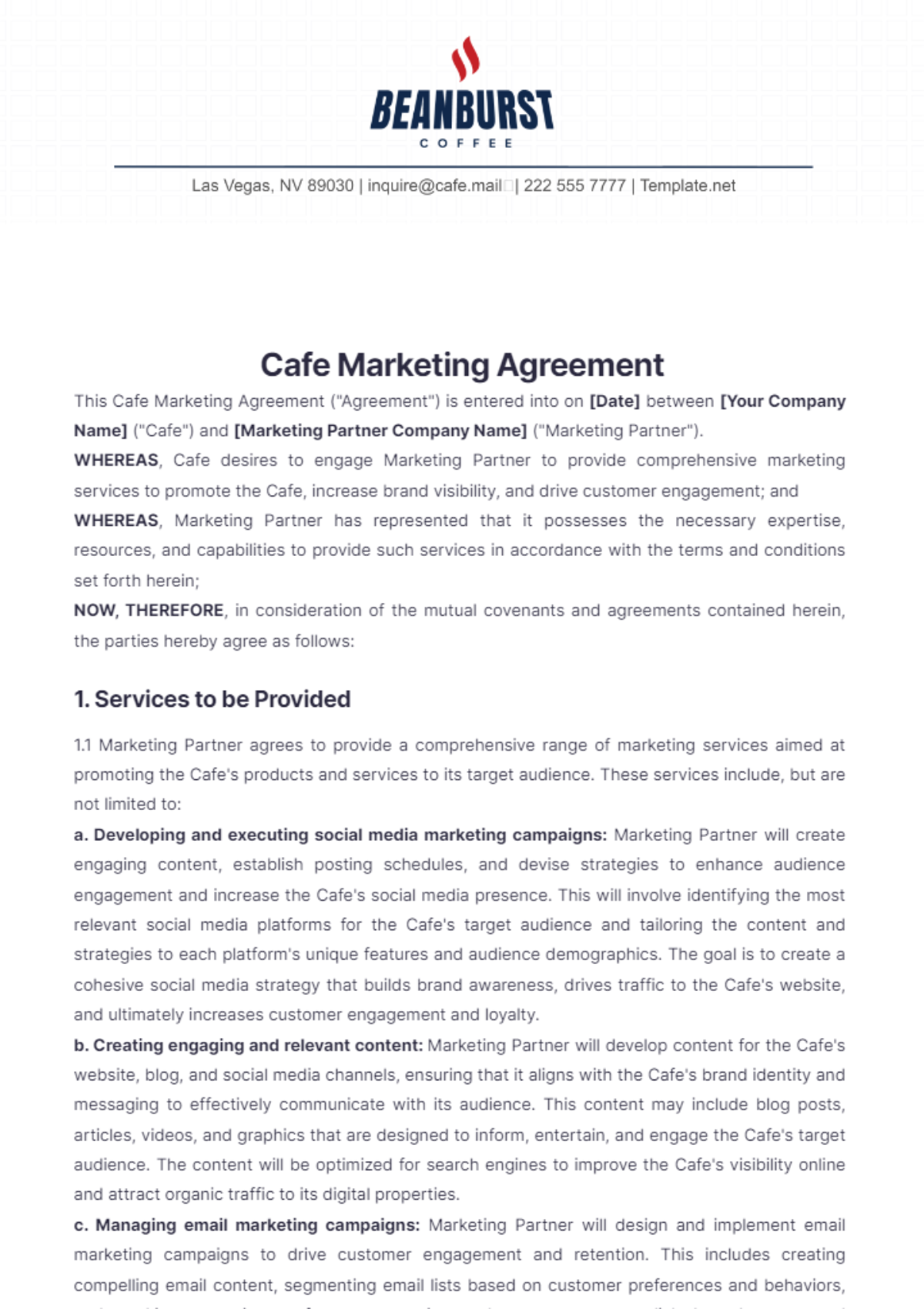 Cafe Marketing Agreement Template - Edit Online & Download