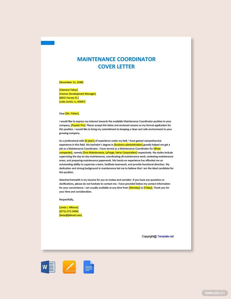 Free Maintenance Coordinator Cover Letter Template