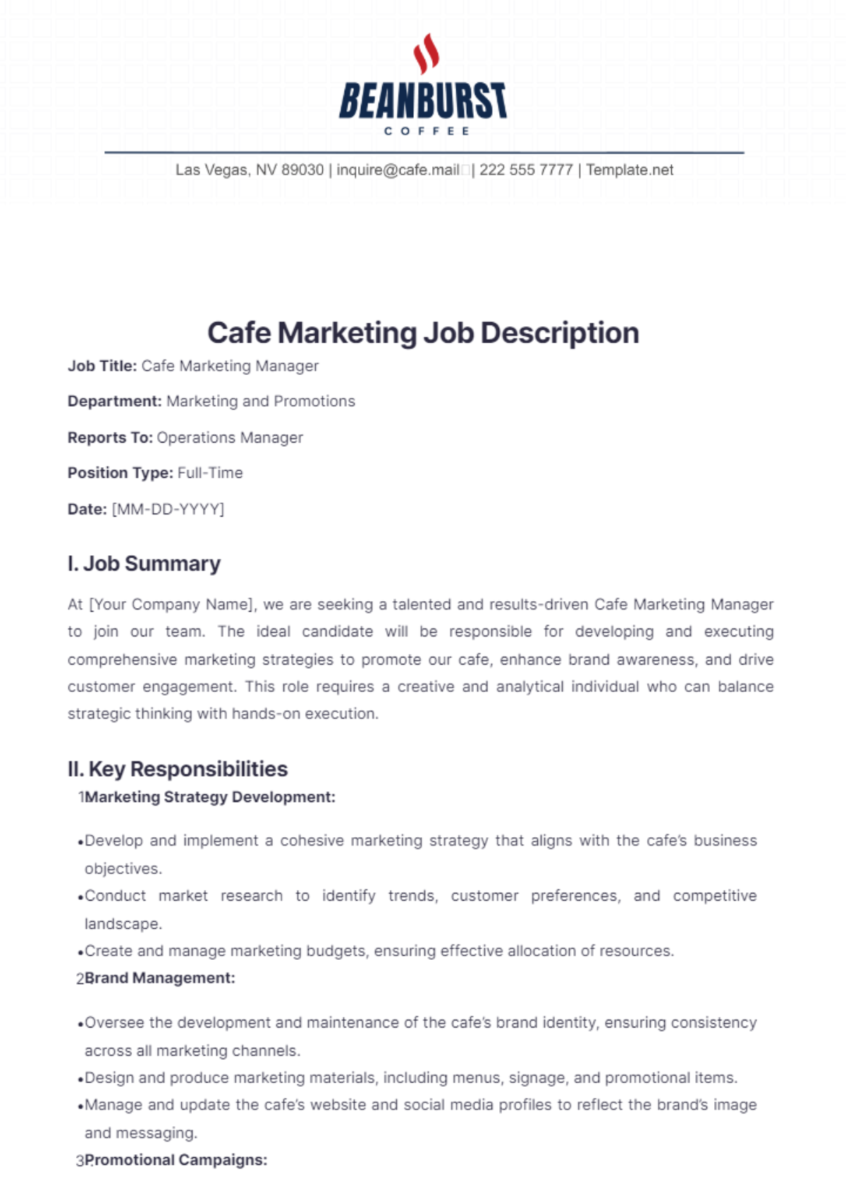 Cafe Marketing Job Description Template - Edit Online & Download