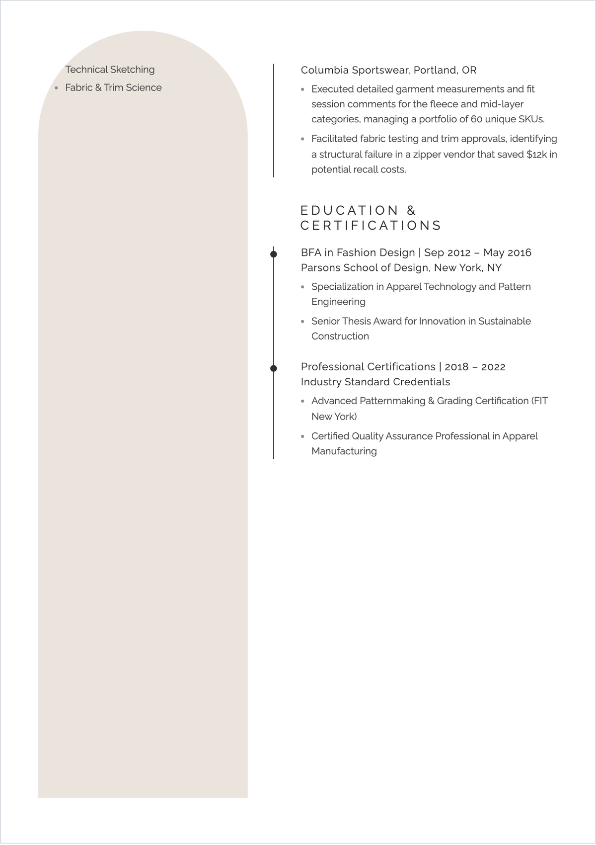 Free Fashion Technical Designer ATS Resume Template, AI Resume Builder