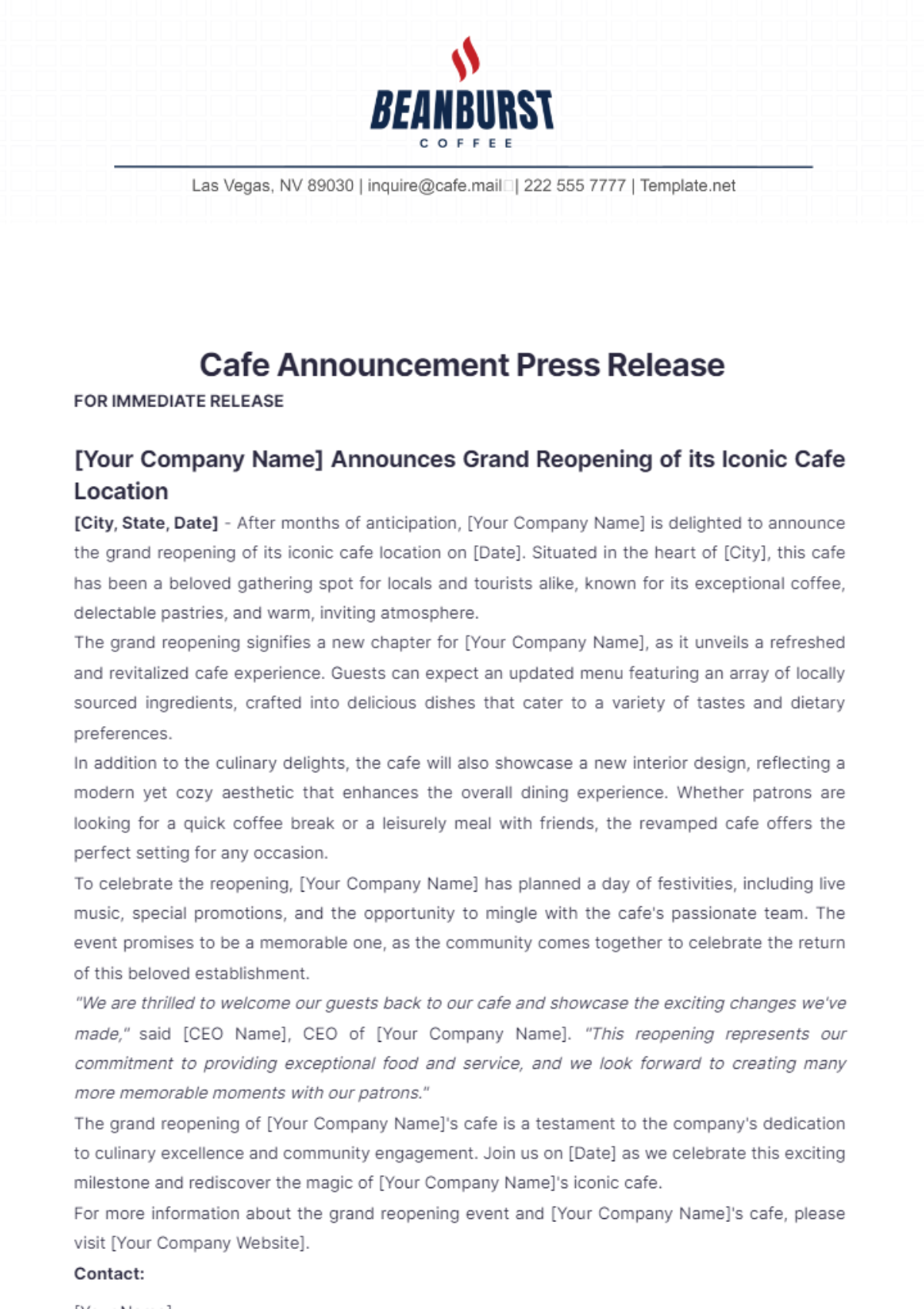 Free Cafe Announcement Press Release Template