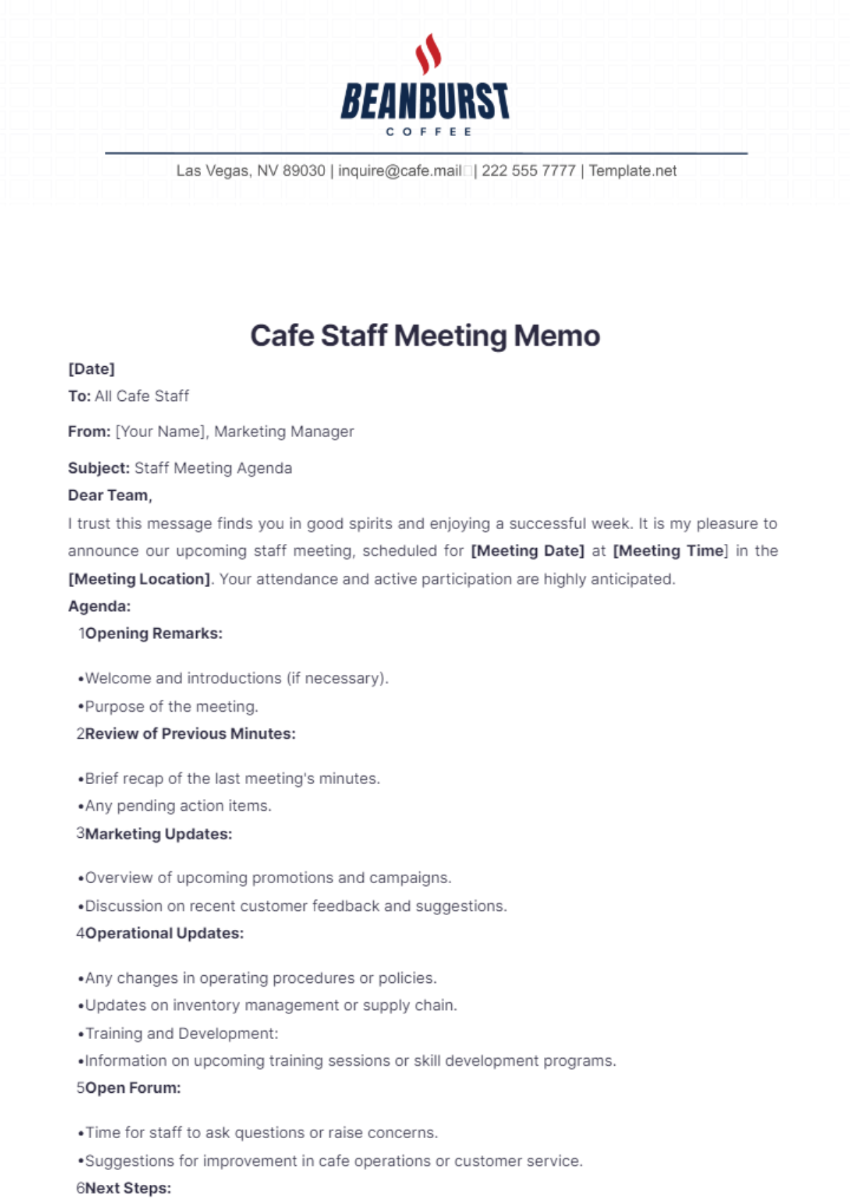 Cafe Staff Meeting Memo Template - Edit Online & Download