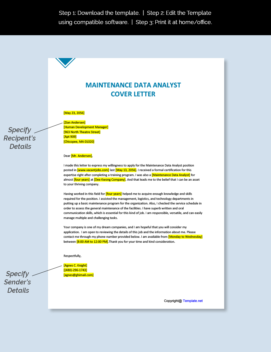 Maintenance Data Analyst Cover Letter