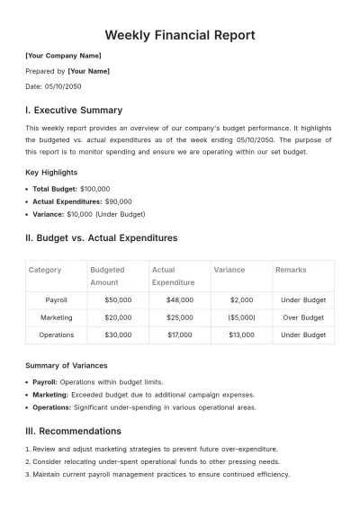 Free Weekly Financial Report Template to Edit Online