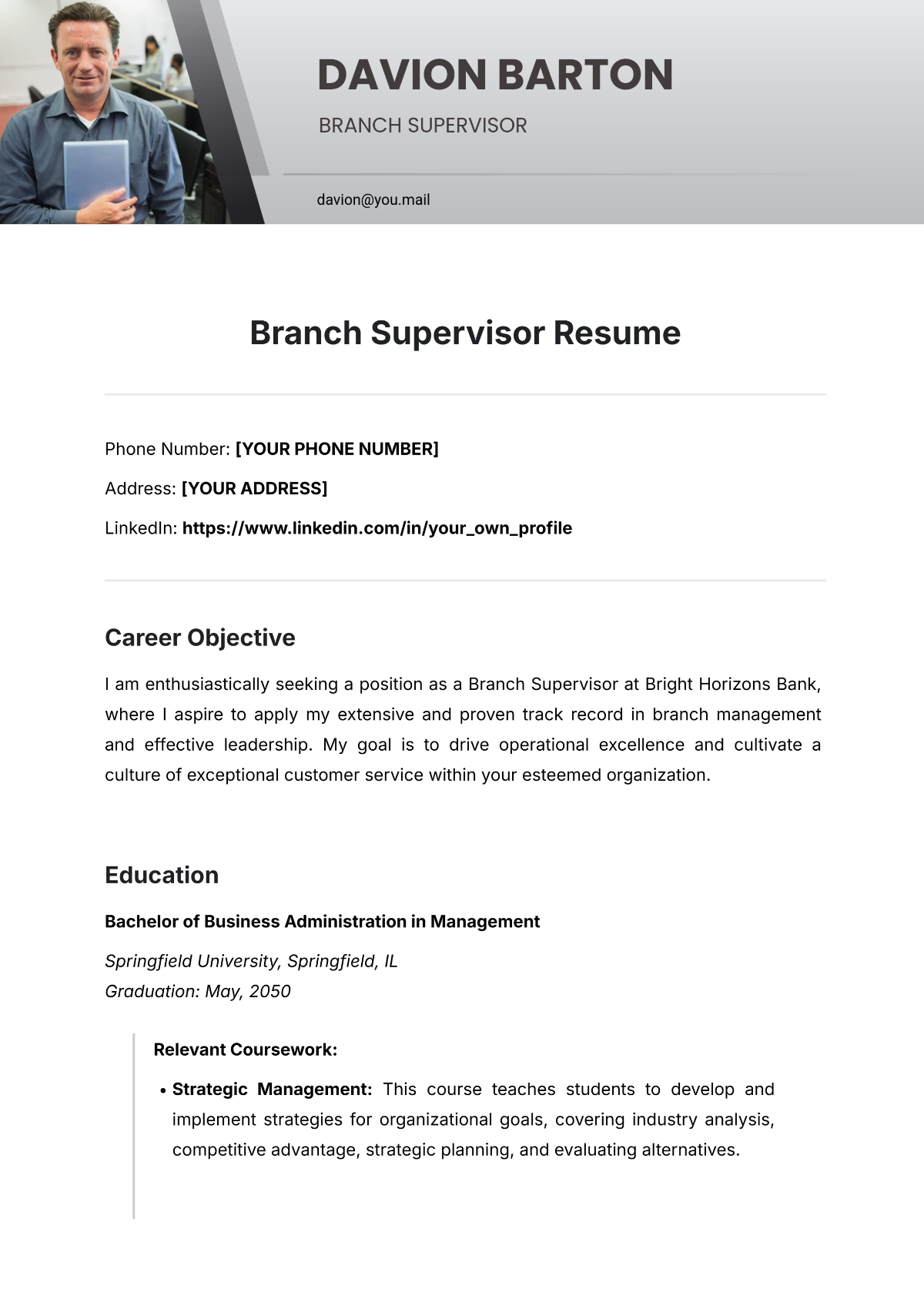 Free Branch Supervisor Resume Template