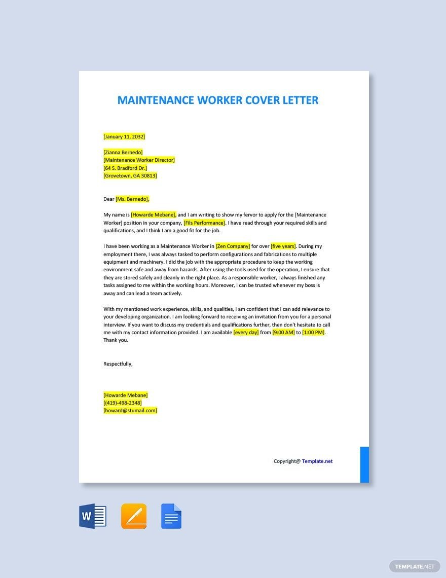 Maintenance Worker Cover Letter in Word, Google Docs, PDF, Apple Pages