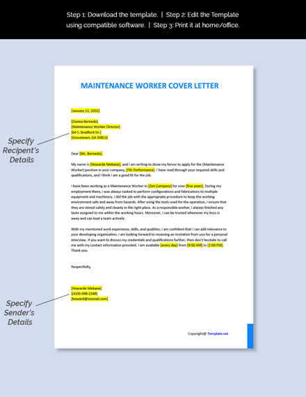Maintenance Worker Cover Letter Template