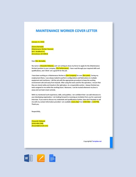 Maintenance Worker Cover Letter