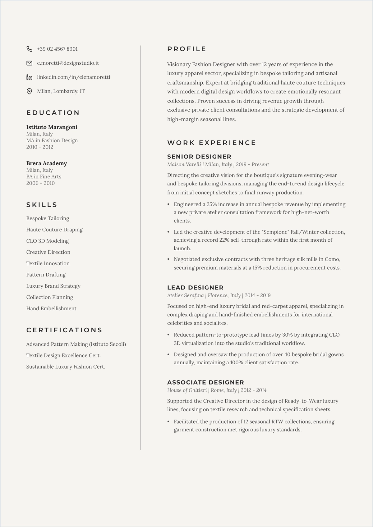 Free Boutique Fashion Designer ATS Resume Template, AI Resume Builder