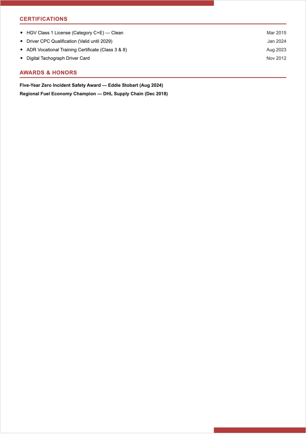 Free HGV Driver ATS Resume Template, AI Resume Builder
