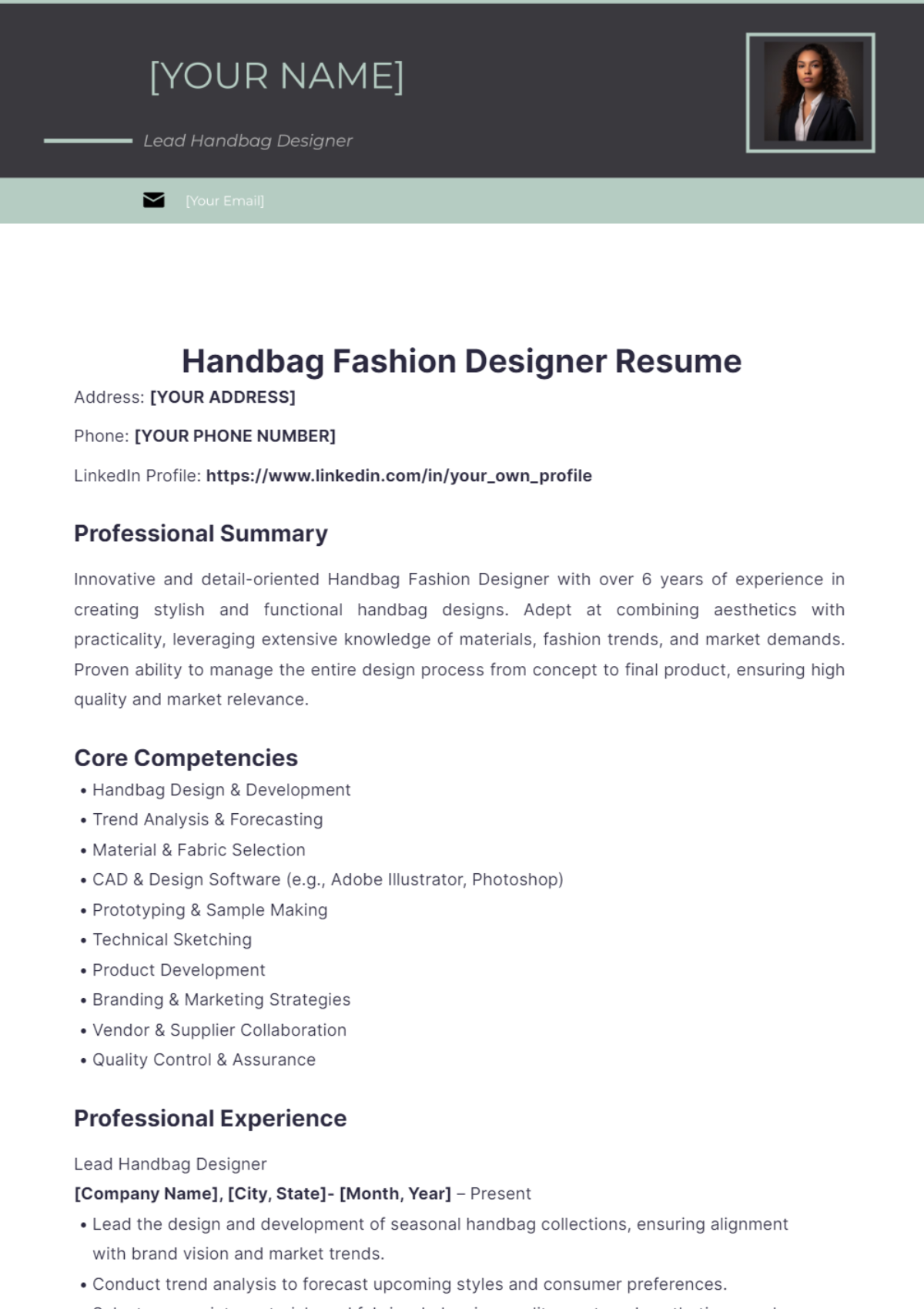 Handbag Fashion Designer Resume - Edit Online & Download