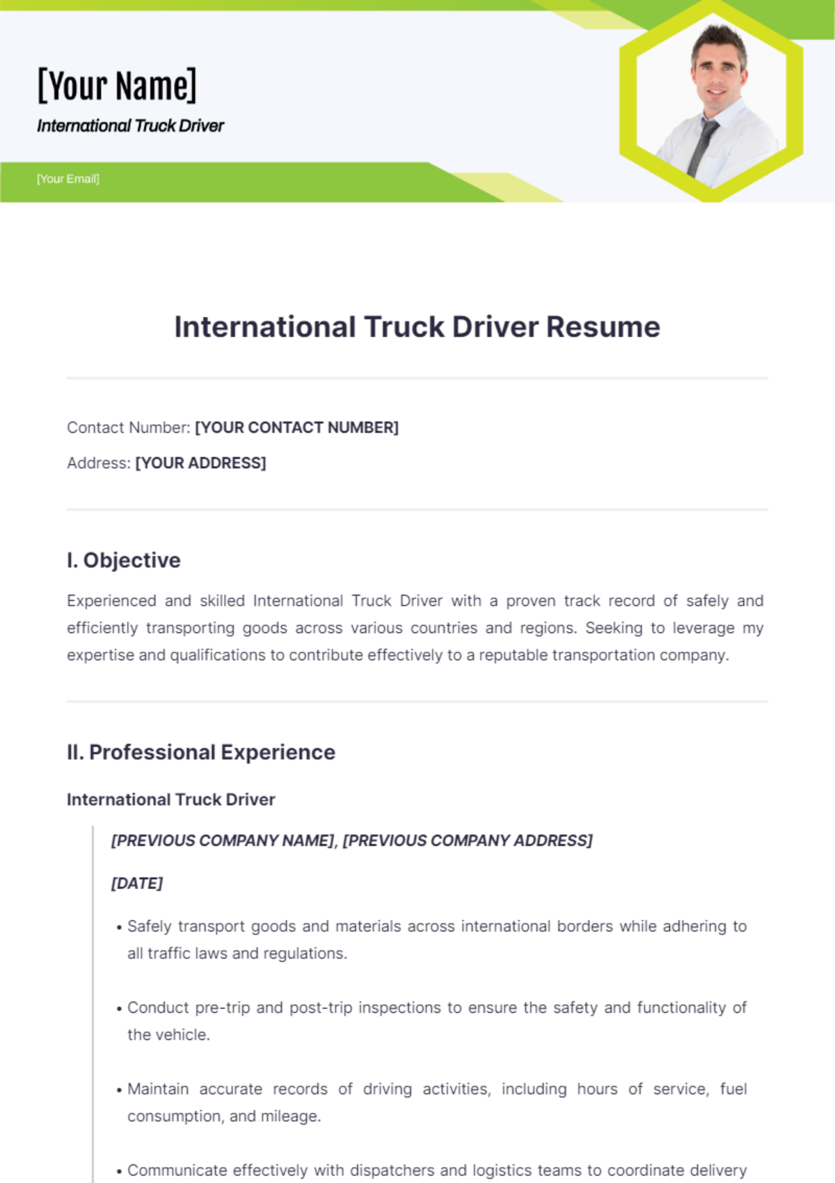 International Truck Driver Resume