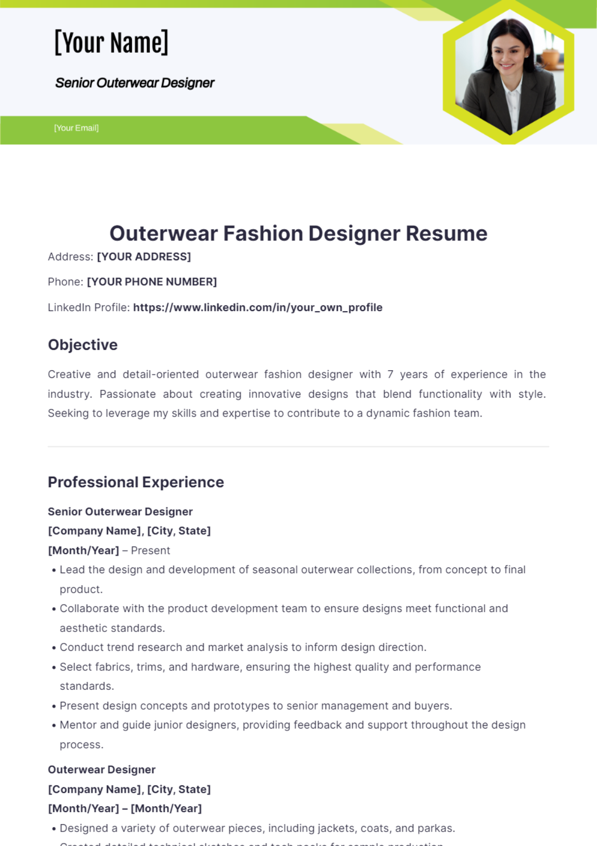 Outerwear Fashion Designer Resume - Edit Online & Download