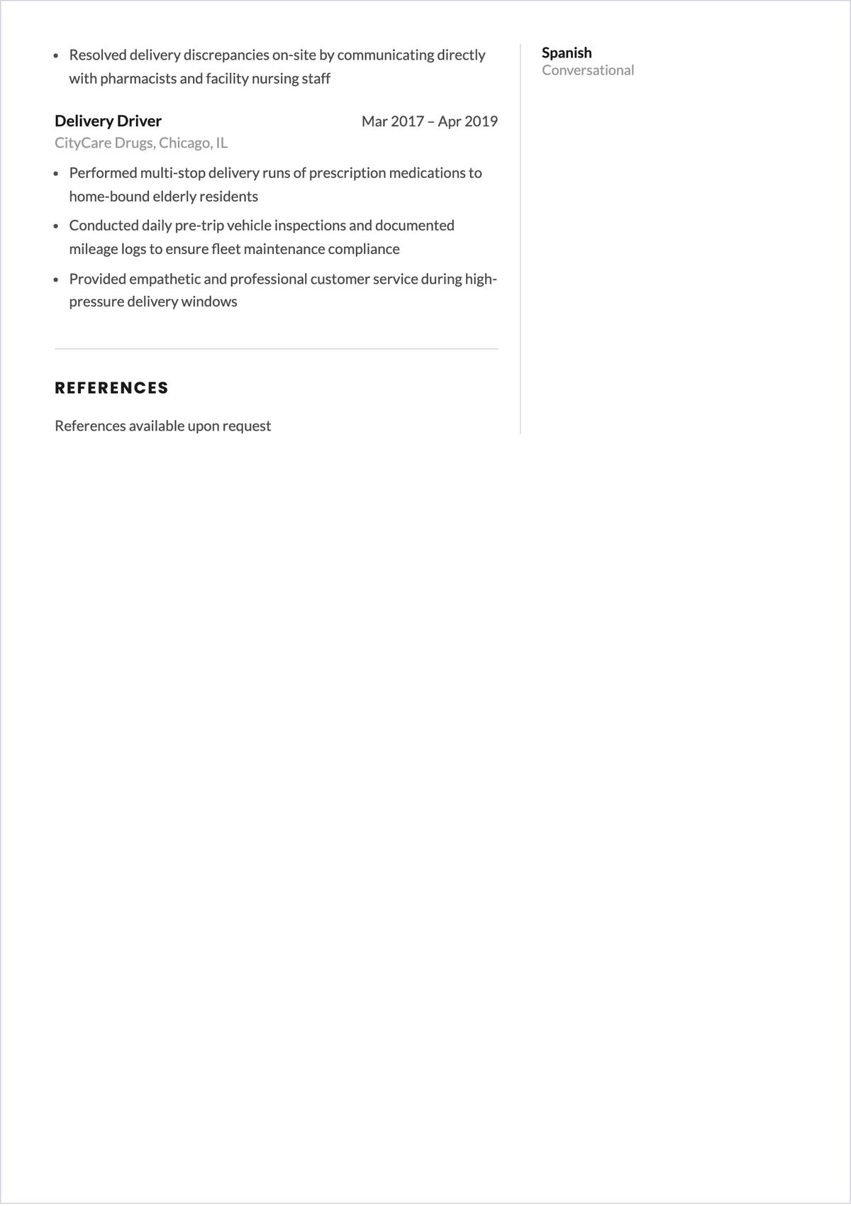 Free Pharmacy Delivery Driver ATS Resume Template, AI Resume Builder