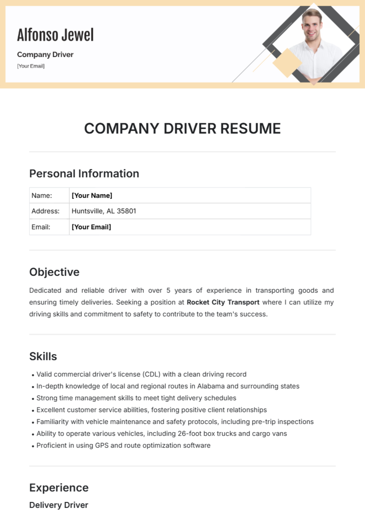 Company Driver Resume Template - Edit Online & Download