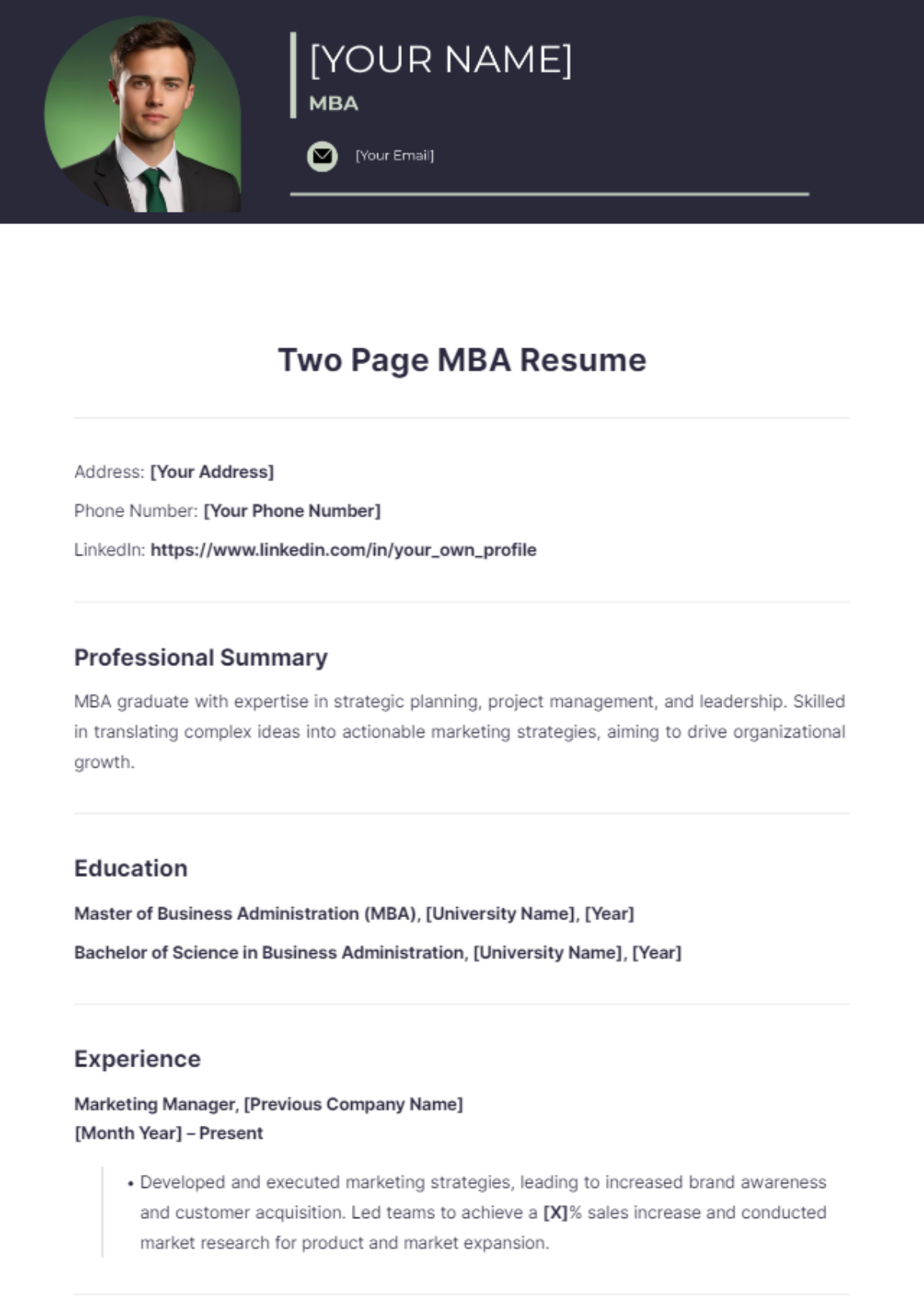 Two Page MBA Resume - Edit Online & Download