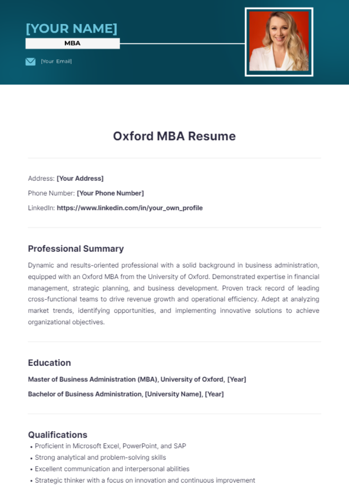 Oxford MBA Resume - Edit Online & Download