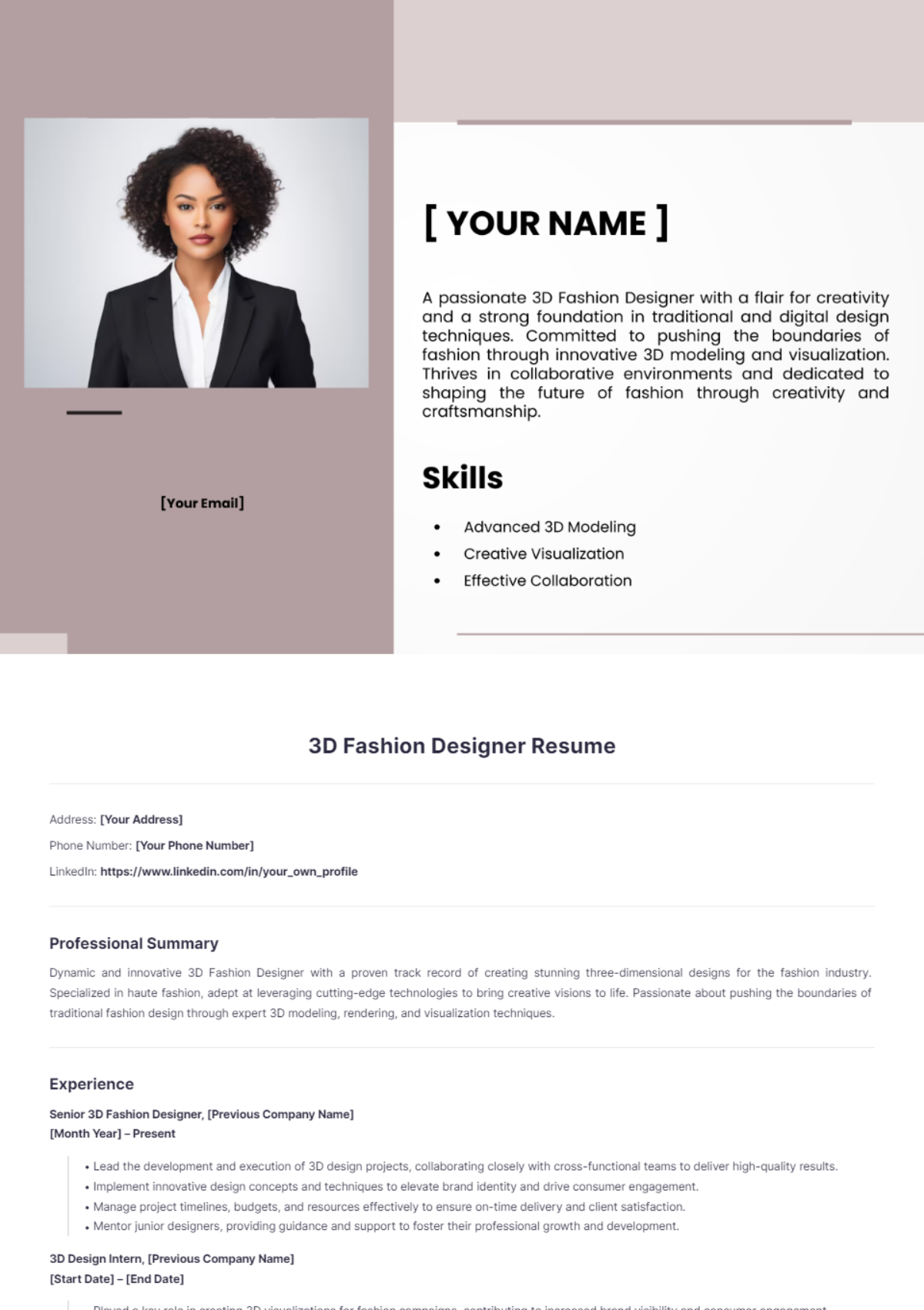 3D Fashion Designer Resume - Edit Online & Download