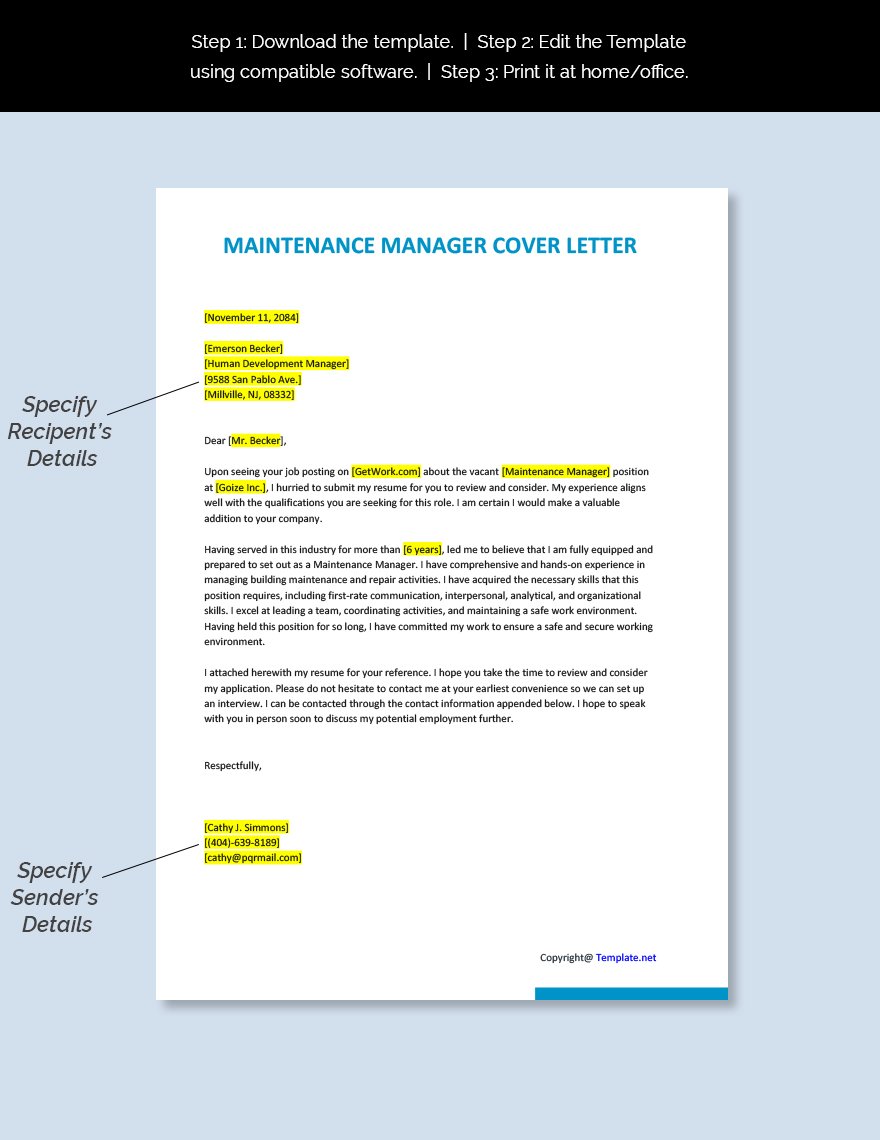 Maintenance Manager Cover Letter