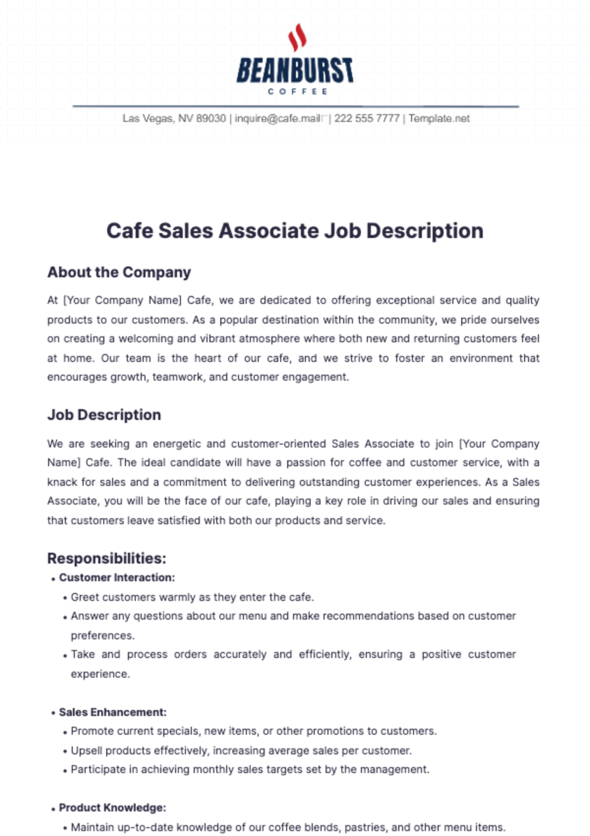 Cafe Sales Associate Job Description Template Edit Online And Download Example