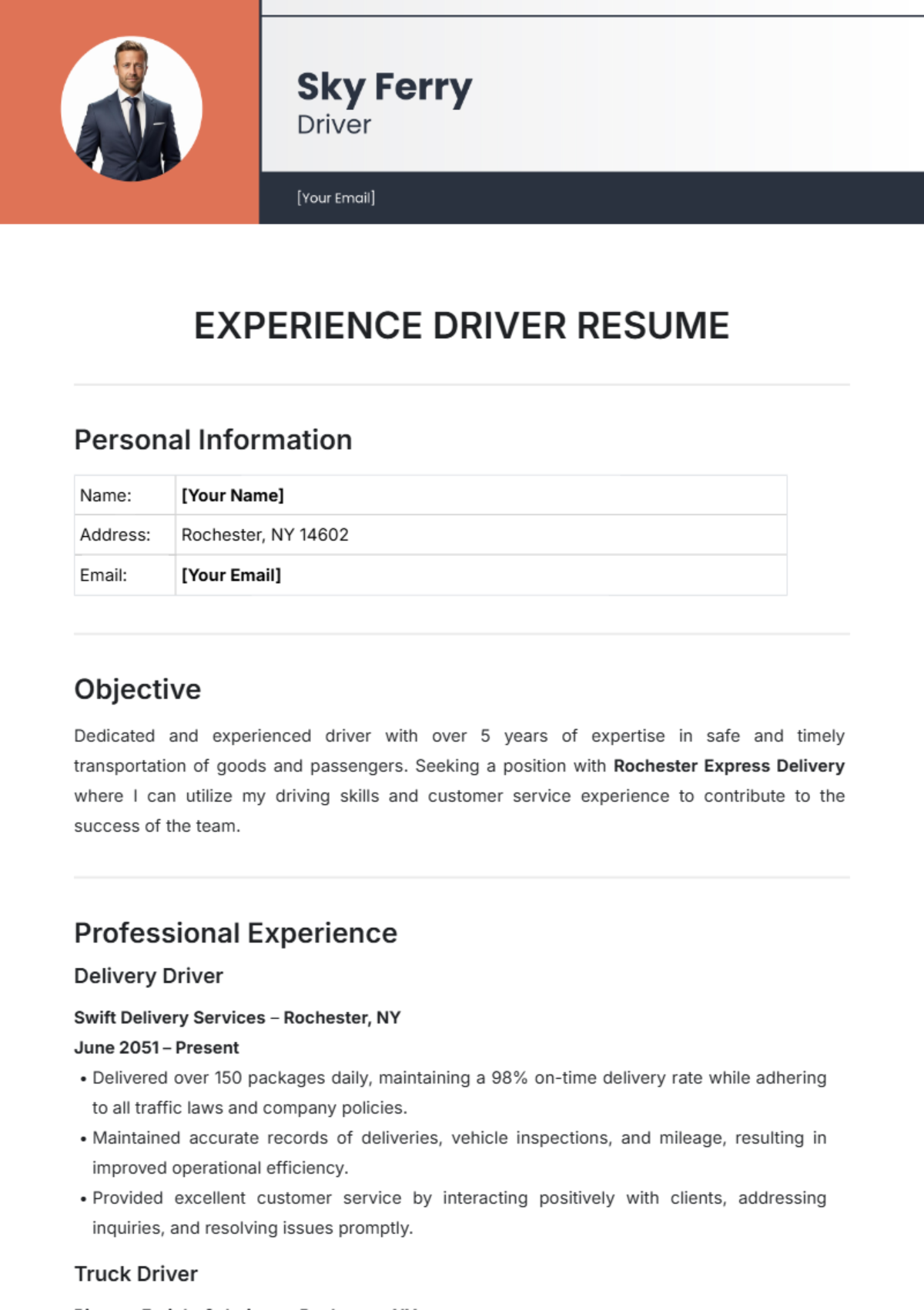 Experienced Driver Resume Template - Edit Online & Download