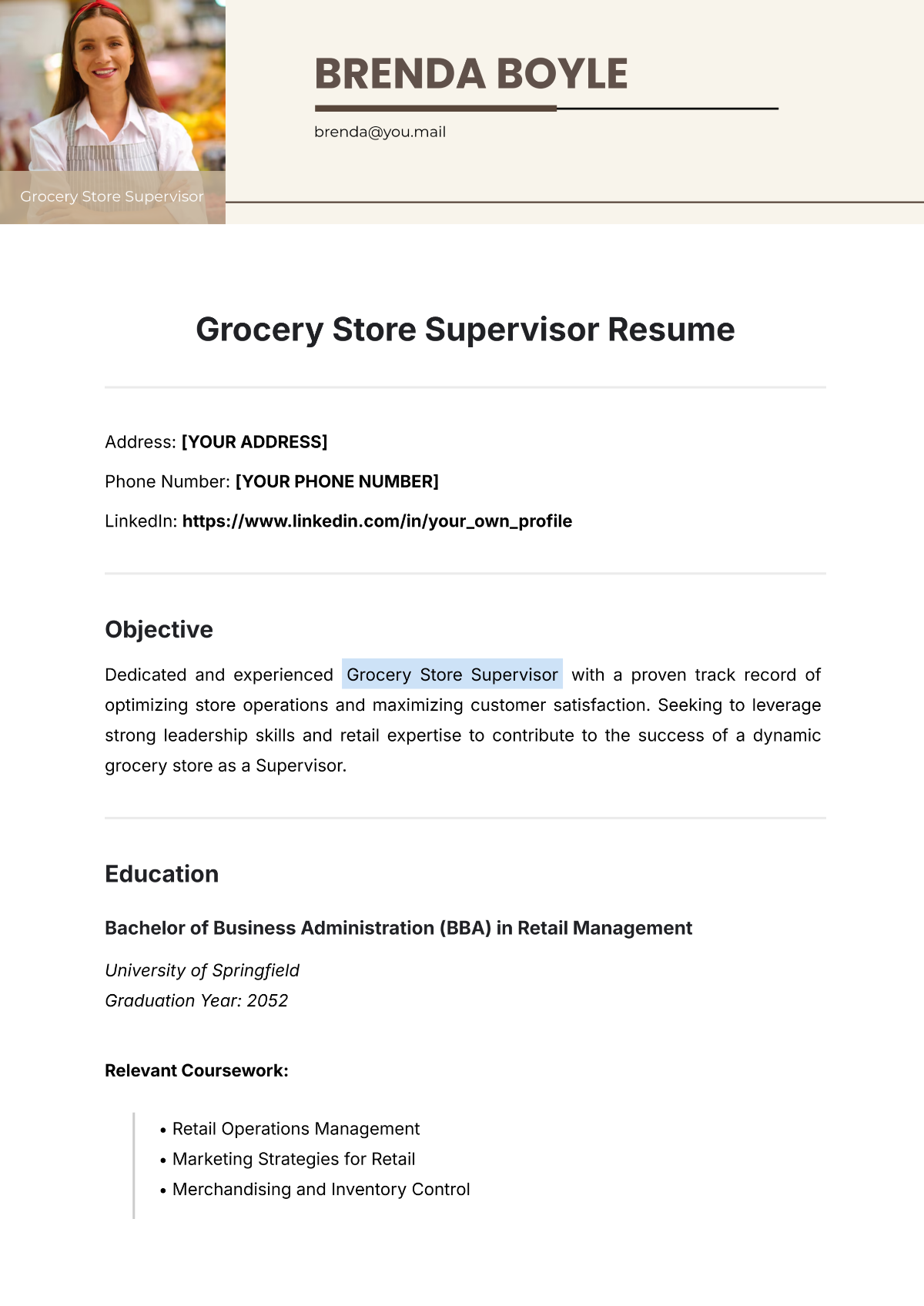 Free Grocery Store Design Supervisor Resume Template