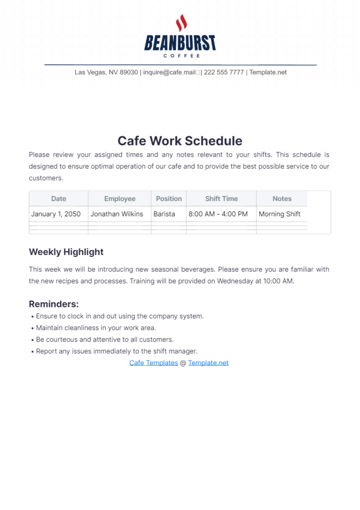 Cafe Work Schedule Template - Edit Online & Download