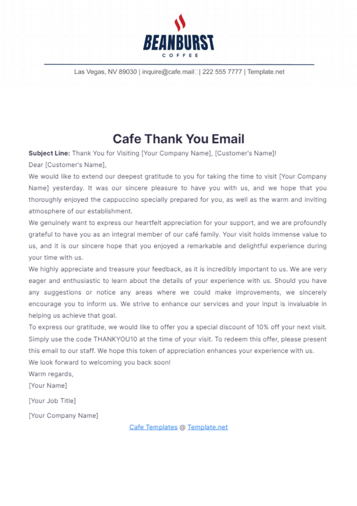 Cafe Thank You Email Template - Edit Online & Download