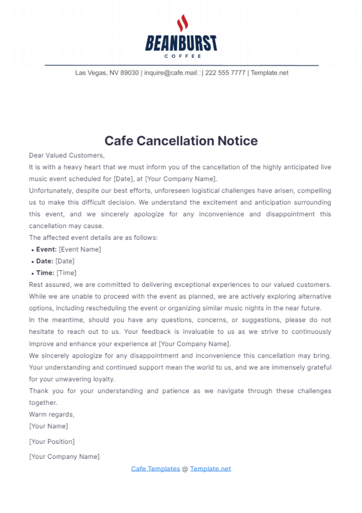 Cafe Cancellation Notice Template - Edit Online & Download