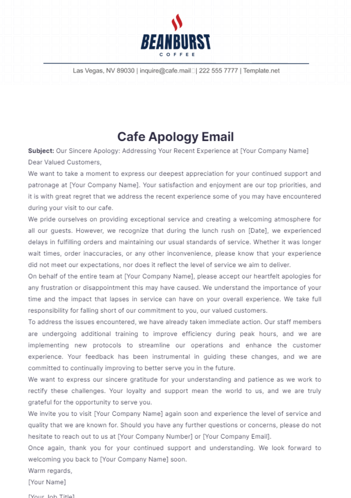 Cafe Apology Email Template - Edit Online & Download