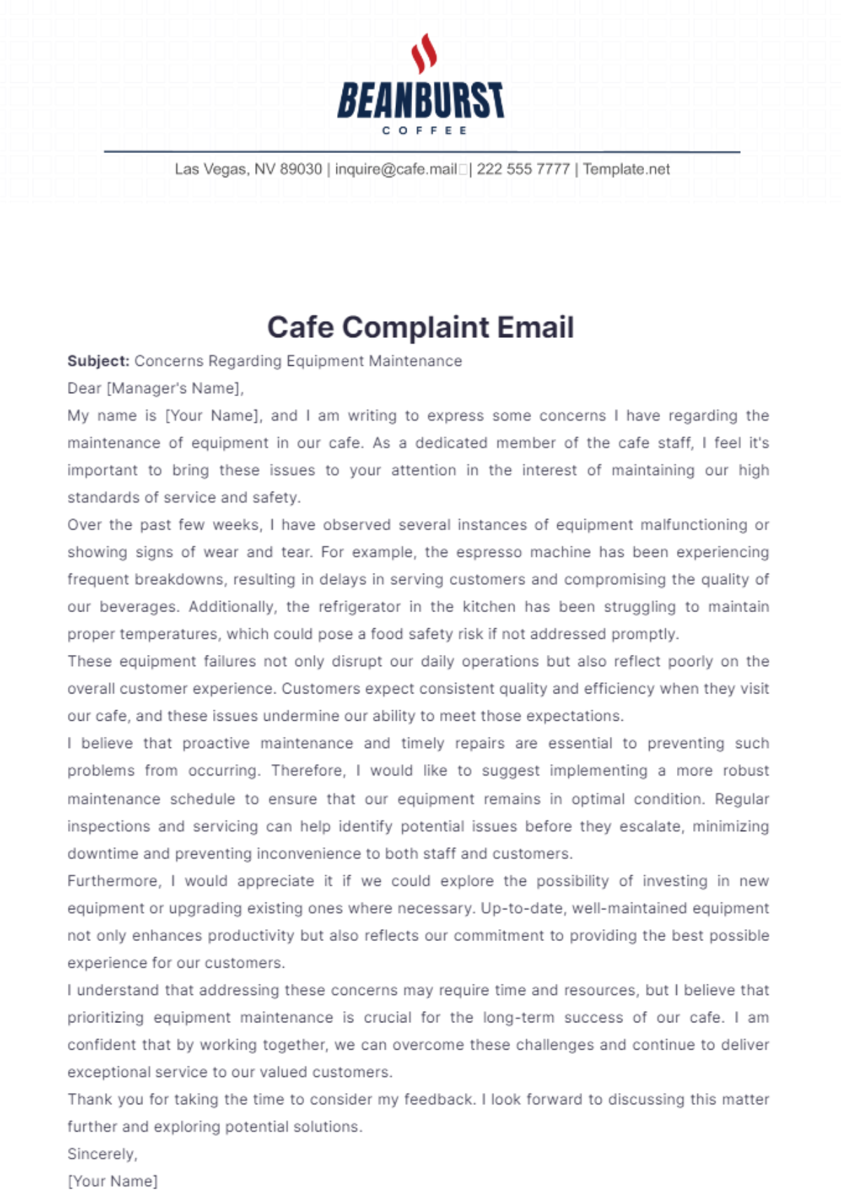 Cafe Complaint Email Template - Edit Online & Download