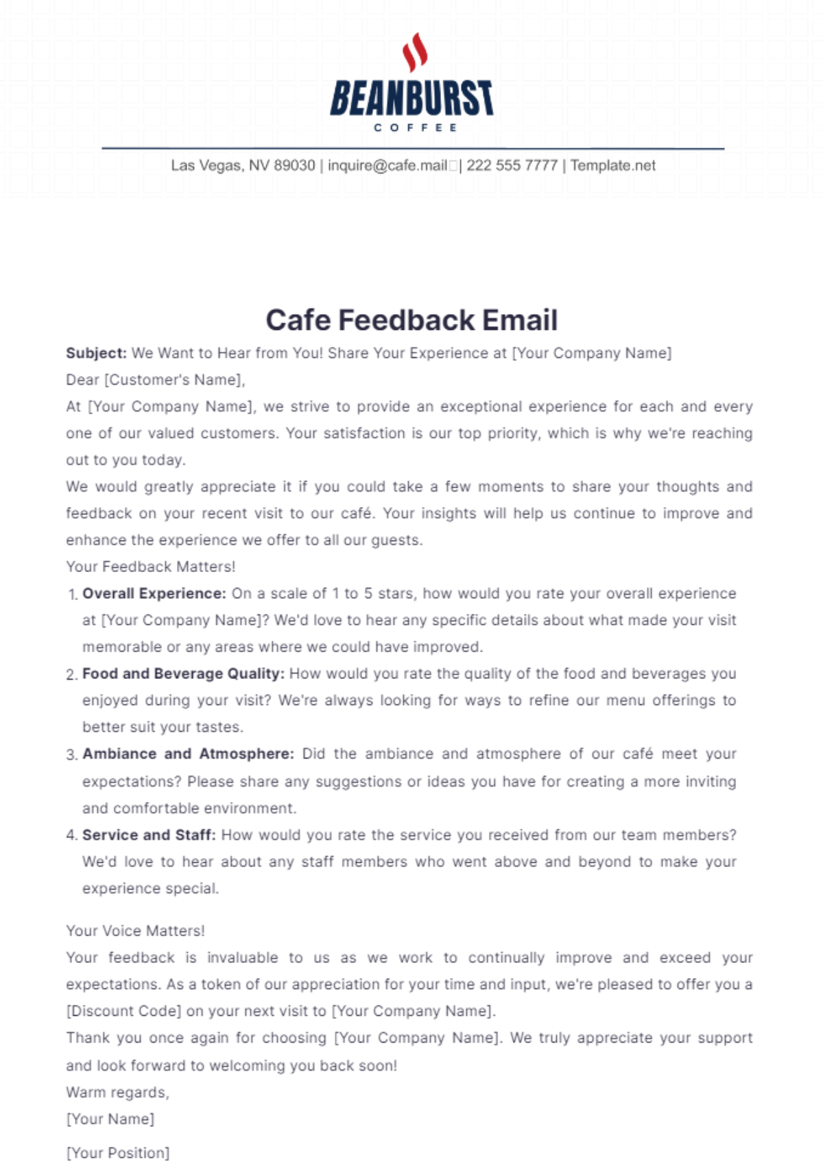 Cafe Feedback Email Template - Edit Online & Download