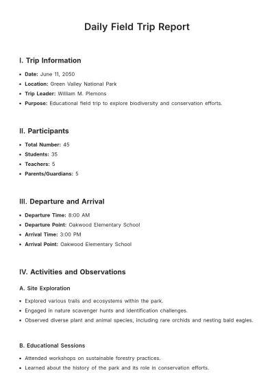 Free Daily Field Trip Report Template to Edit Online