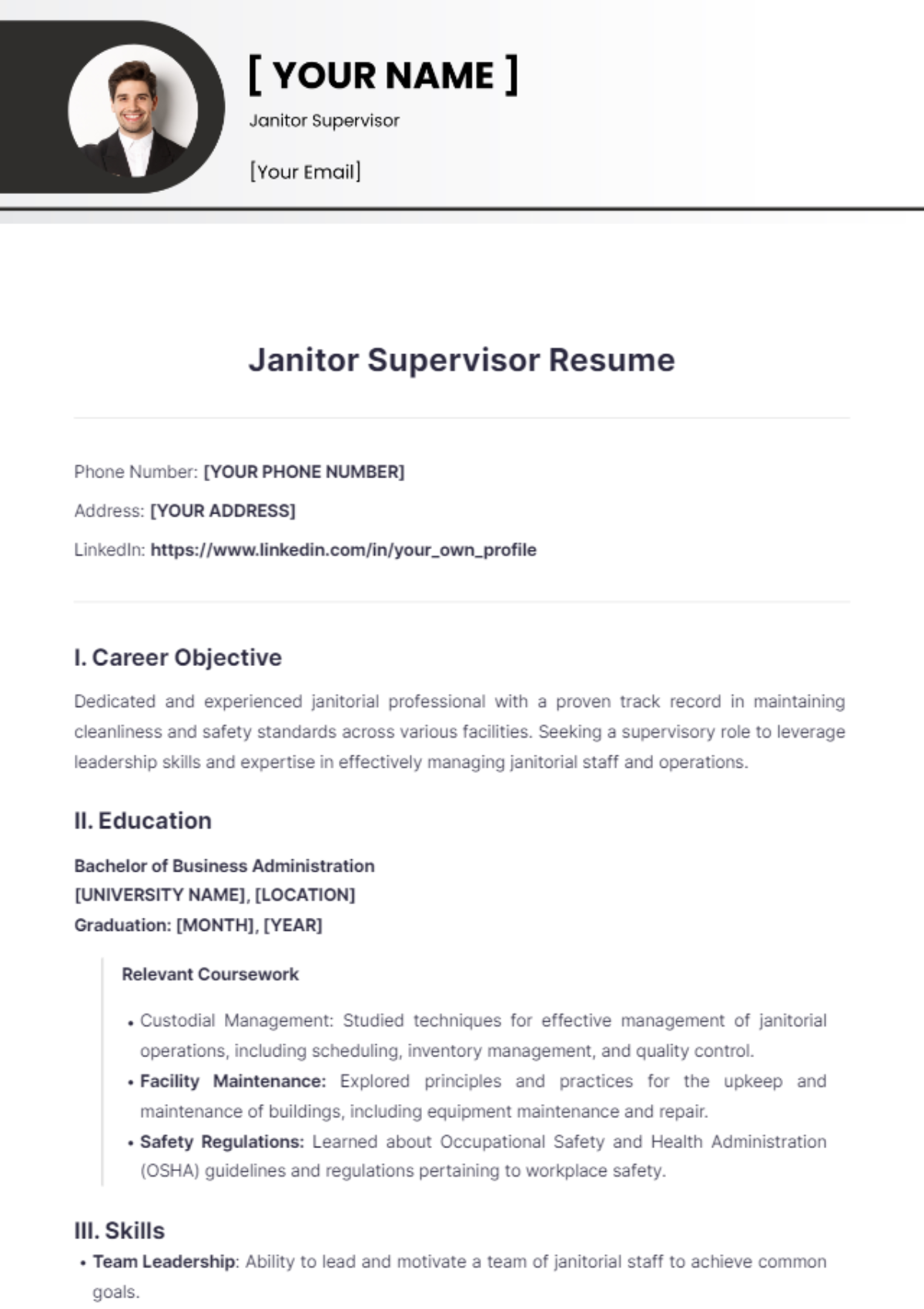 Janitor Supervisor Resume - Edit Online & Download