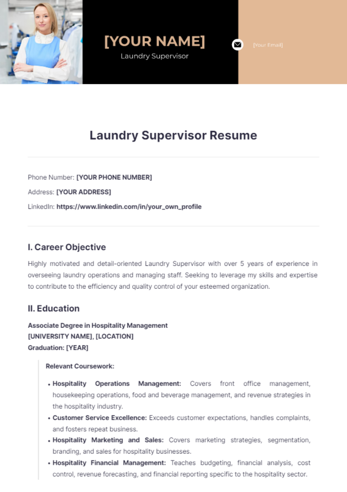 Laundry Supervisor Resume - Edit Online & Download