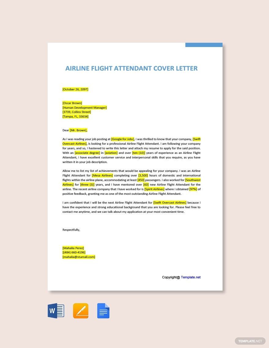 FREE Flight Attendant Cover Letter Word Template Download Template