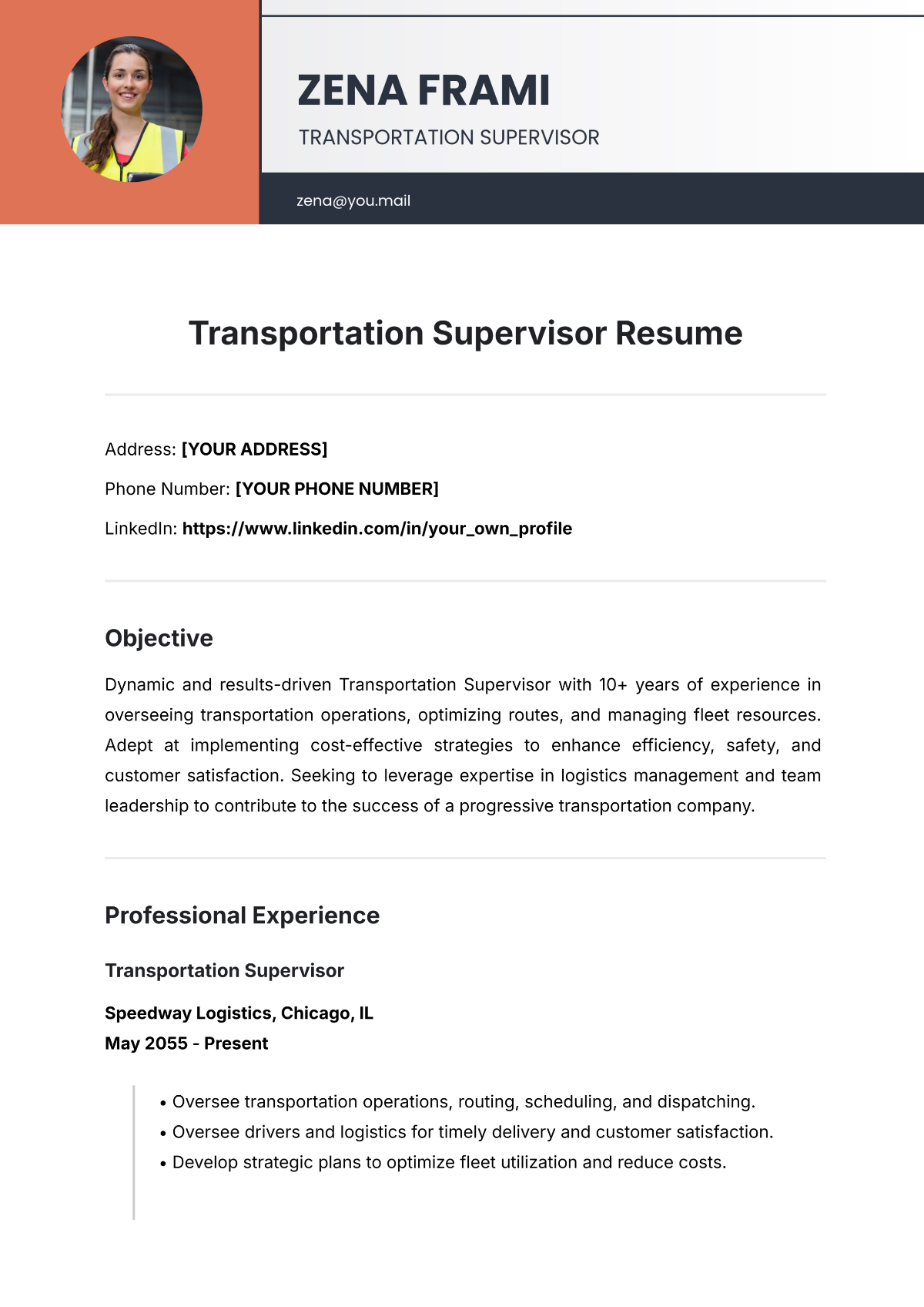 Free Transportation Supervisor Resume Template