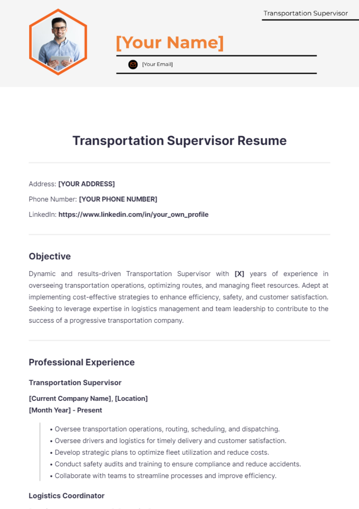 Transportation Supervisor Resume - Edit Online & Download