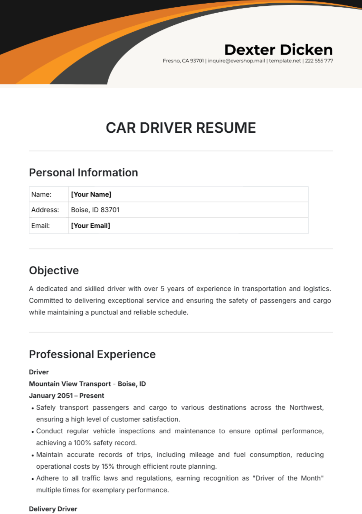 Car Driver Resume Template - Edit Online & Download