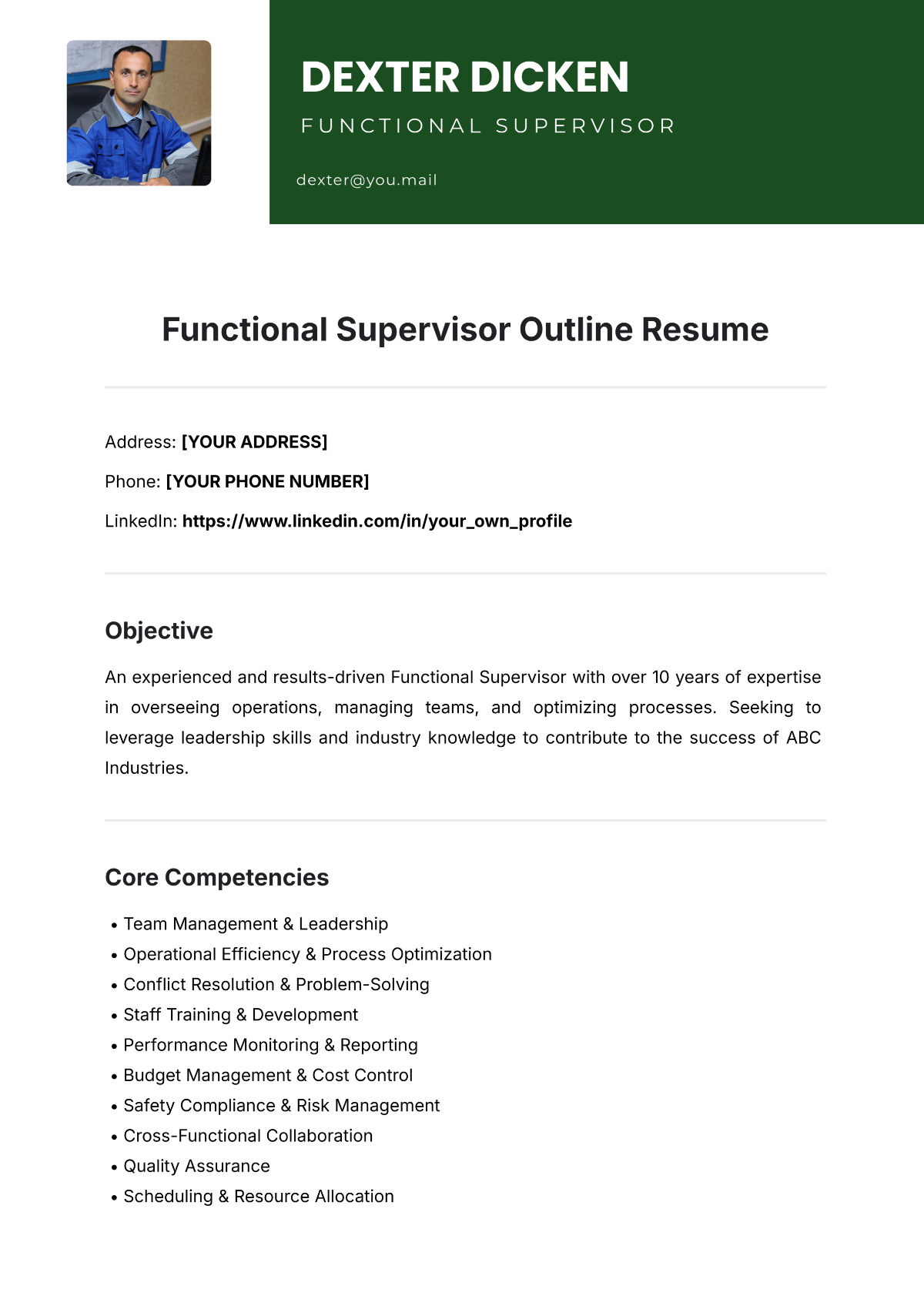 Free Functional Supervisor Outline Resume Template